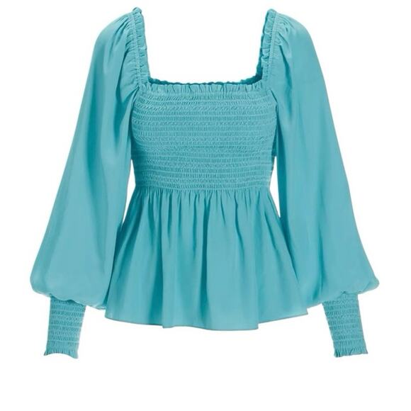 Boston Proper Isabela Smocked Peplum Drama Sleeve Blue Blouse Size XS (2-4) - Picture 3 of 6
